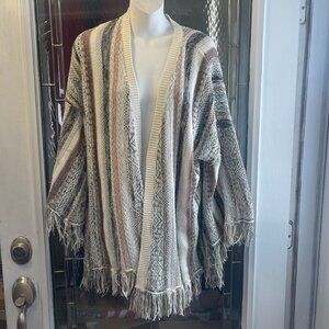 Knox Rose Cream Brown Black Knit 3/4 Sleeve Fringe Open Cardigan Womens Sz L